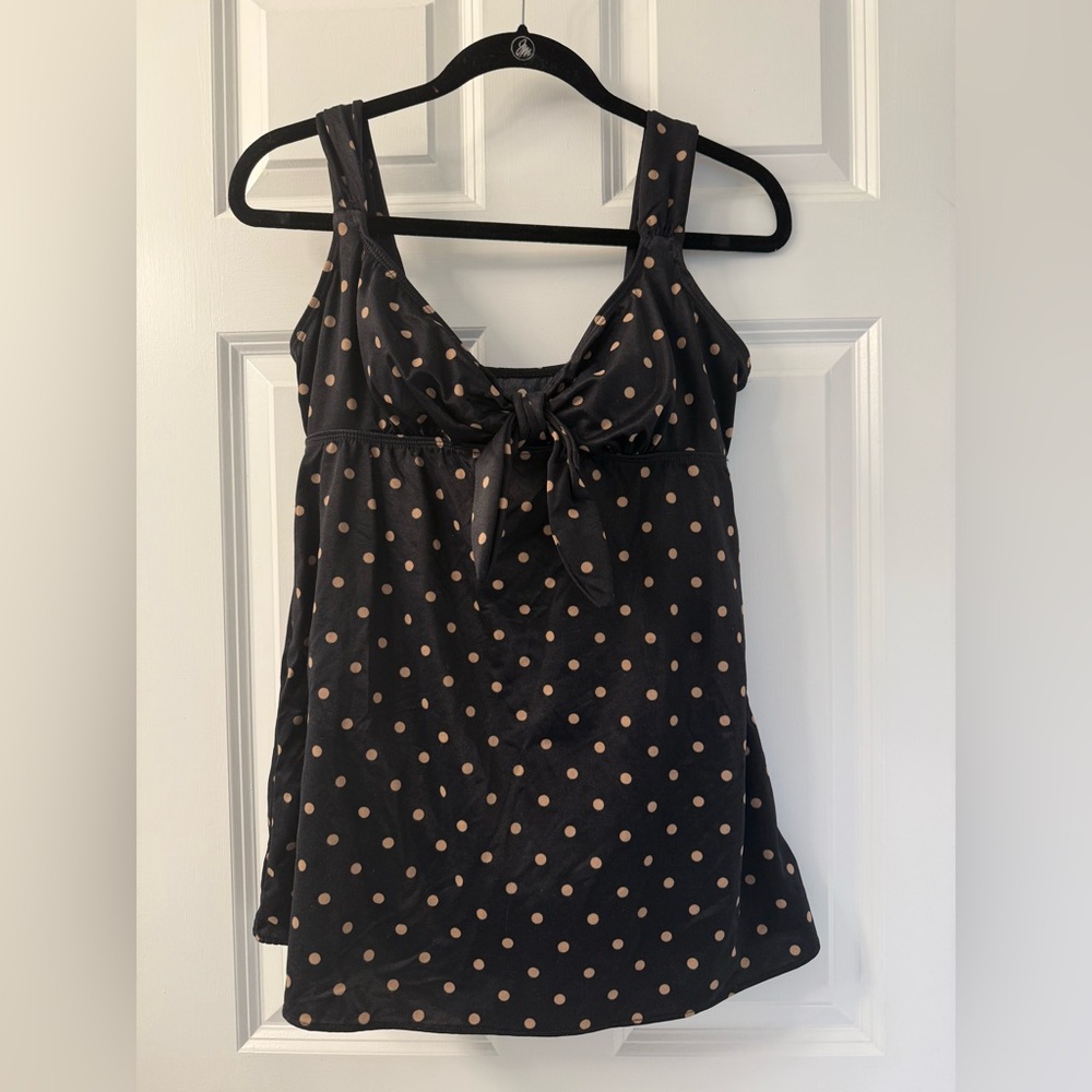 Longitude Black Swim Dress with Tan Polka Dots